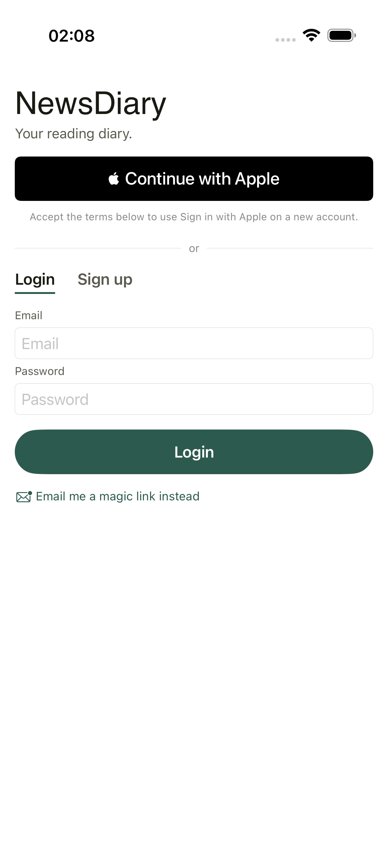 Signing in to NewsDiary with Apple or email