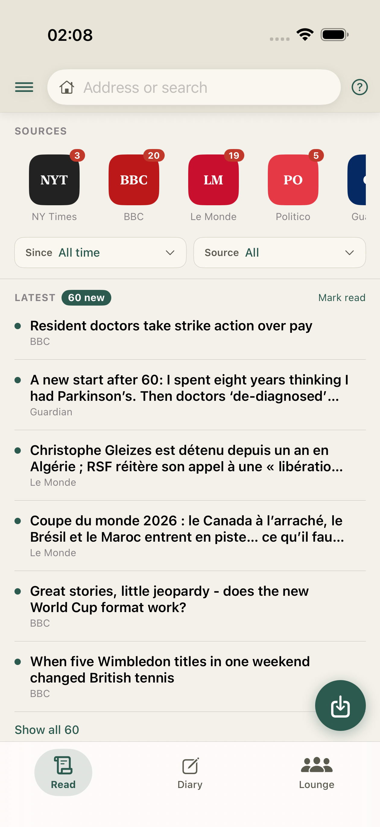 The Read tab with pinned sources, filters and a live feed