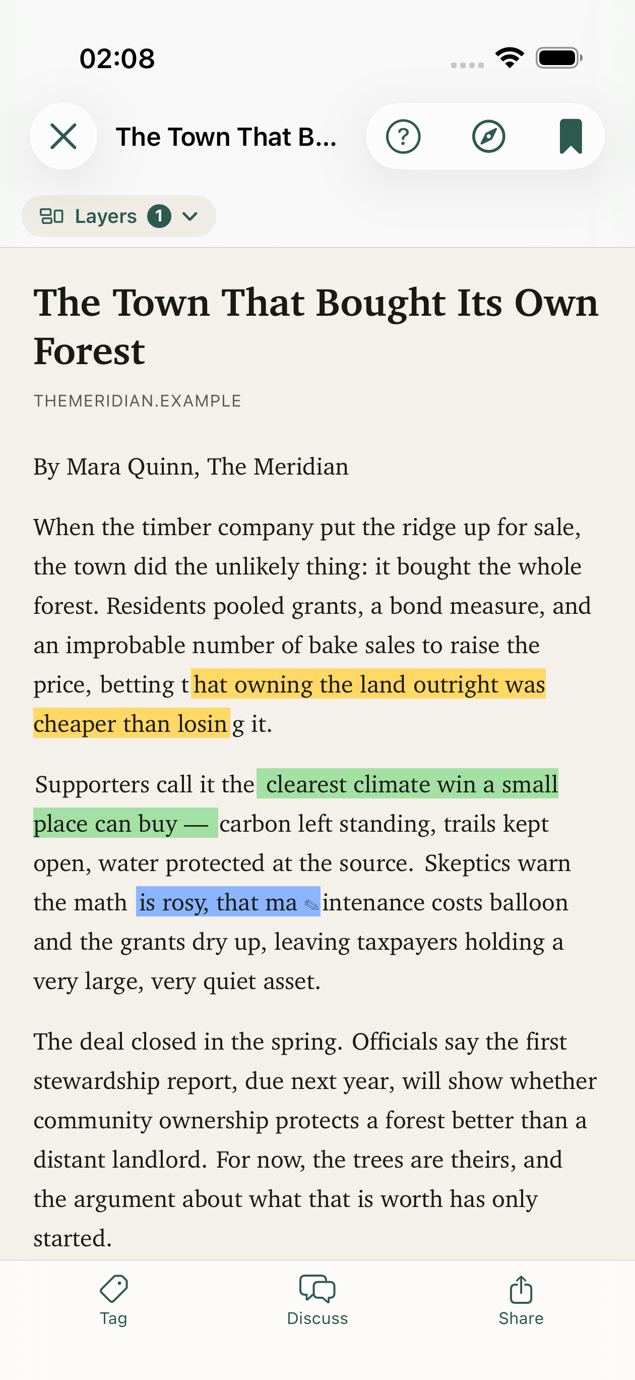A clean reader with highlights and a note