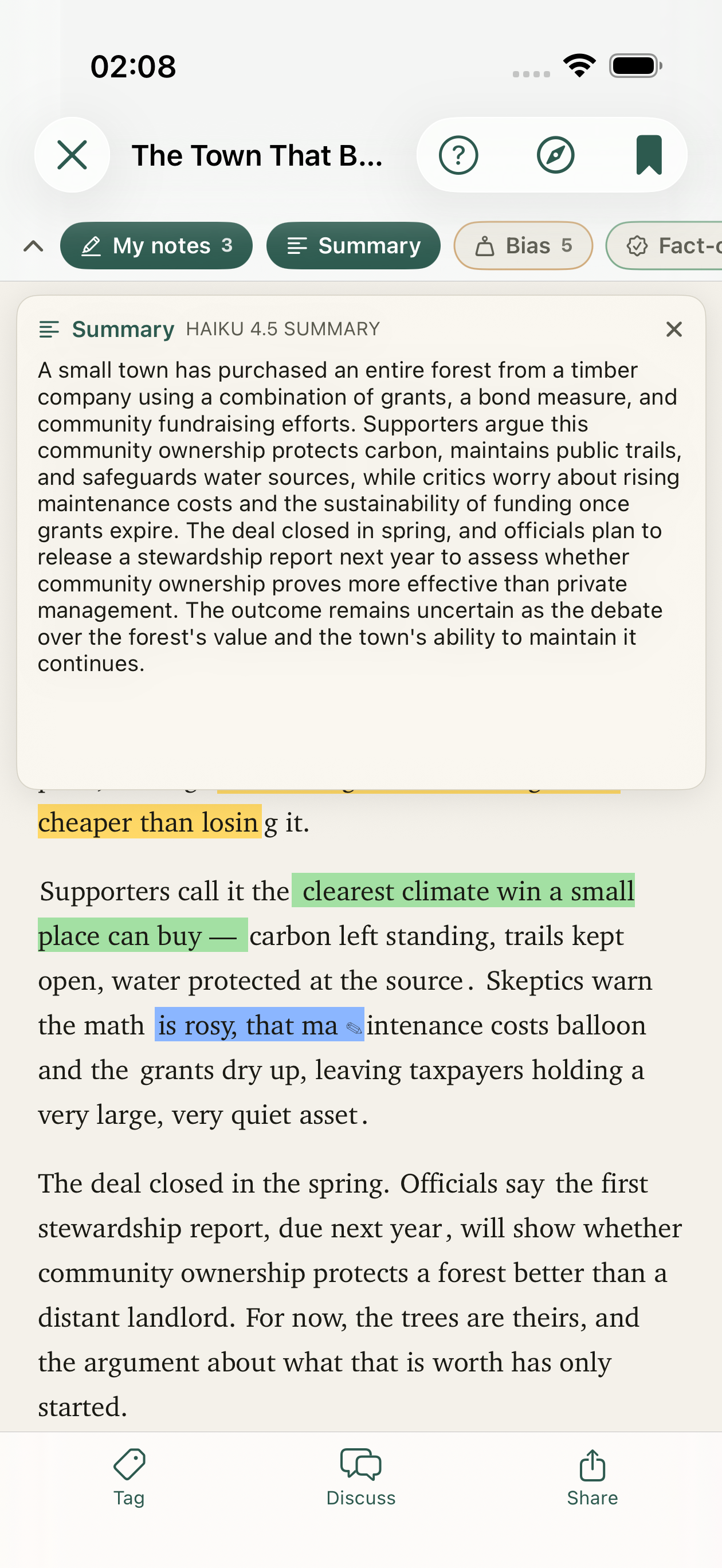 A one-tap AI summary card over an article