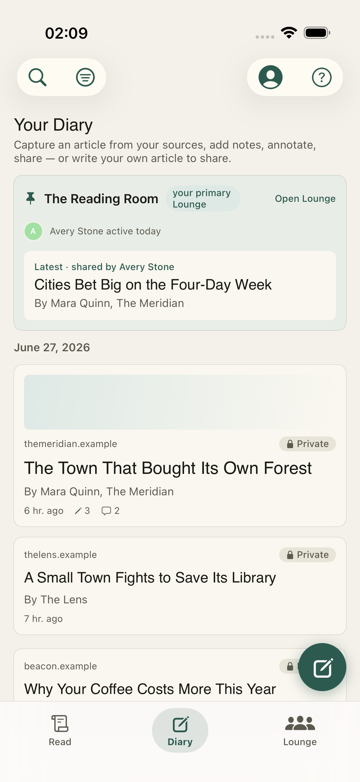 The Diary tab — your reading diary