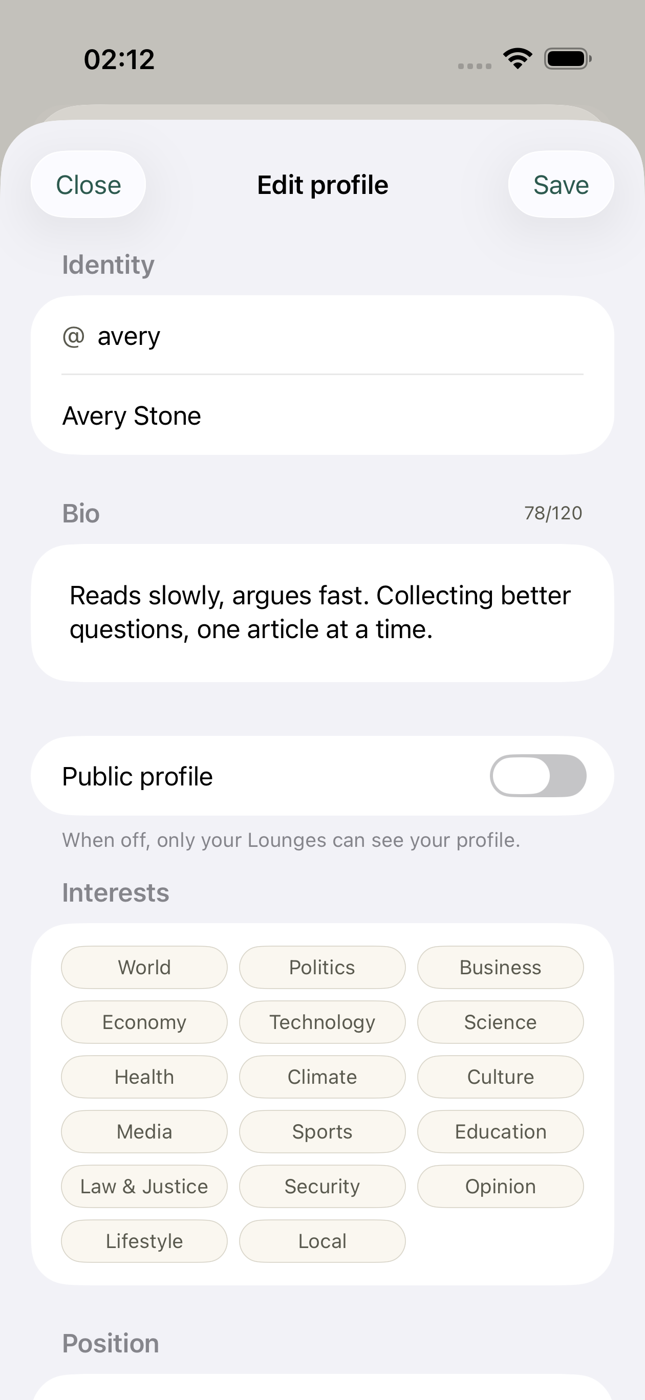 Editing your profile — handle, bio and reading position